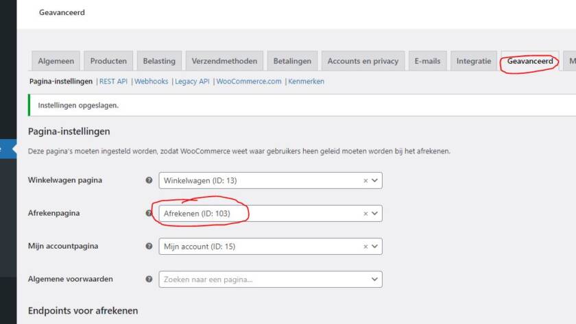afrekenpagina ingesteld